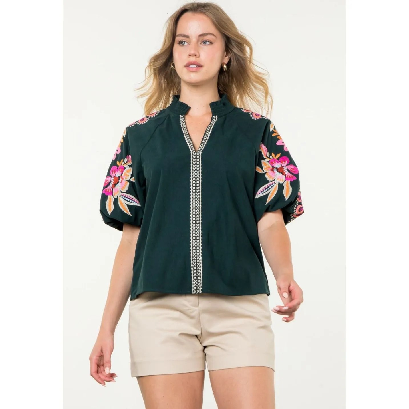 Tessa Embroidered Puff Sleeve THML Top