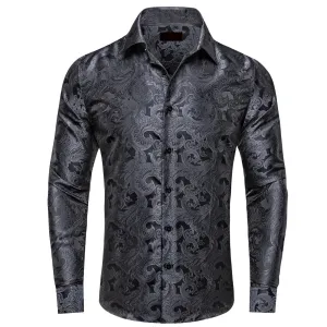 Ties2you Dress Shirt Classic Black Floral Silk Long Sleeve Button Shirt for Men