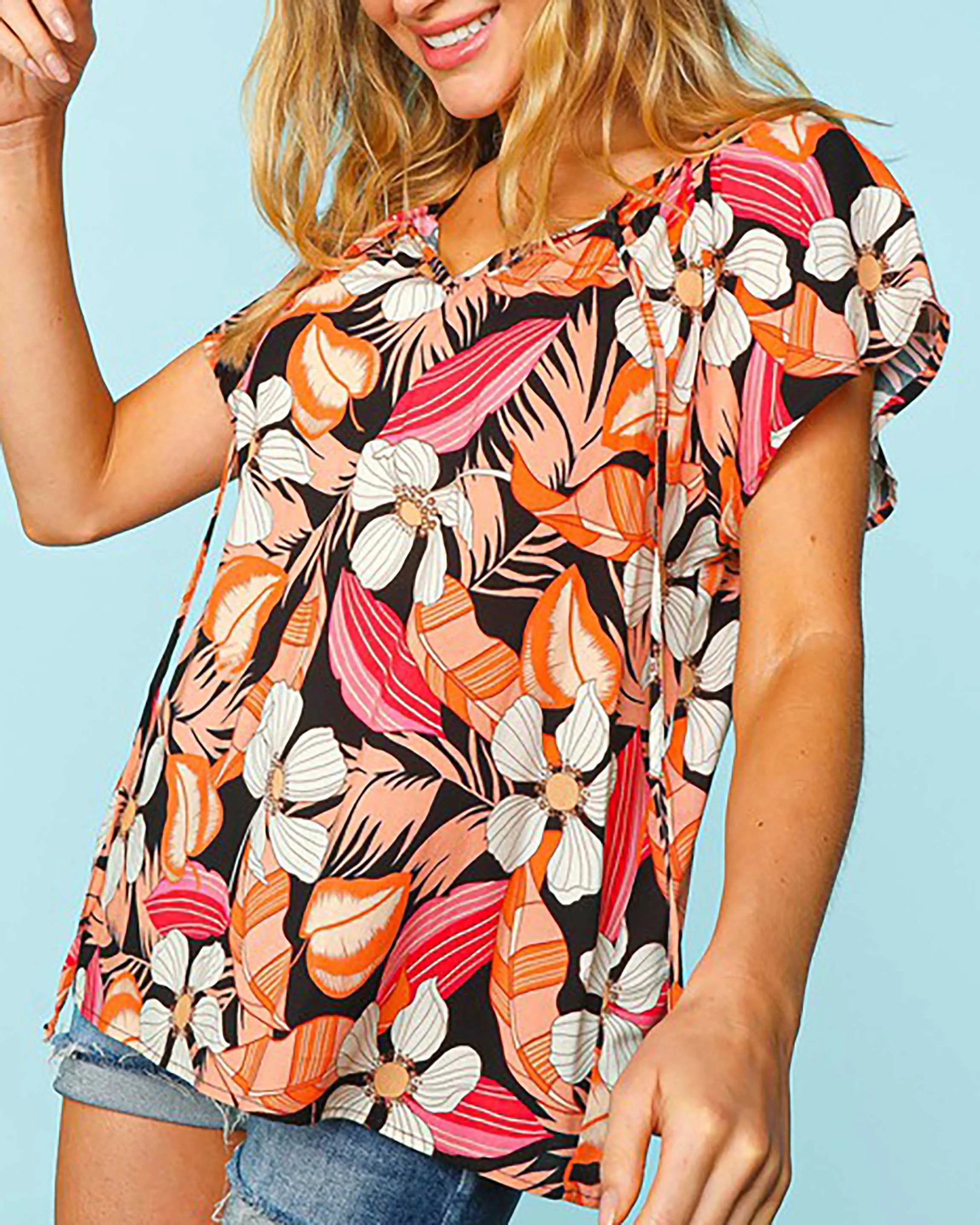 Tropical Blooms V-Neck Top