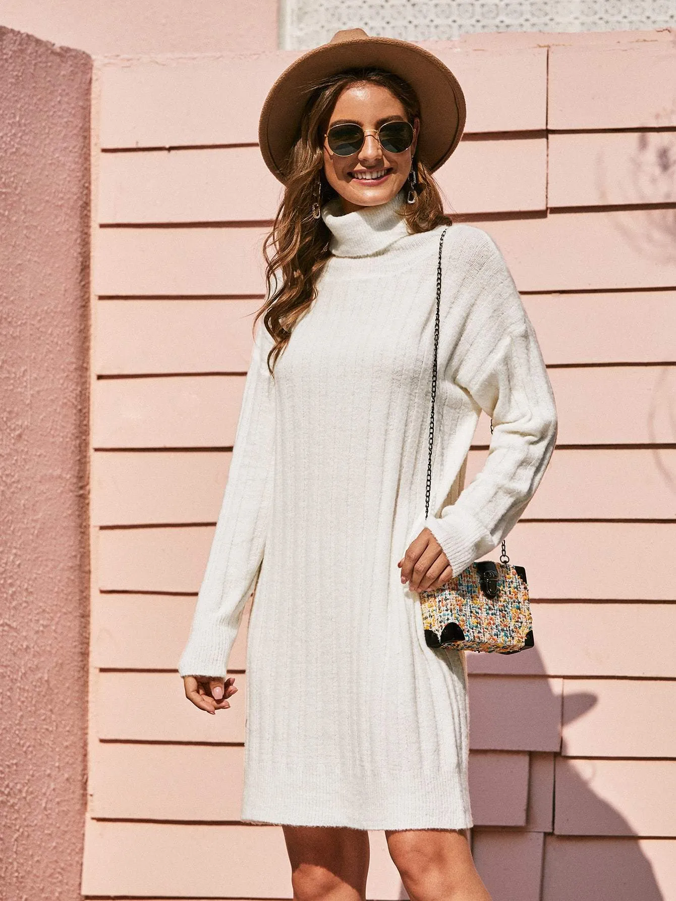 Turtleneck Fluffy Knit Jumper Dress Without Bag