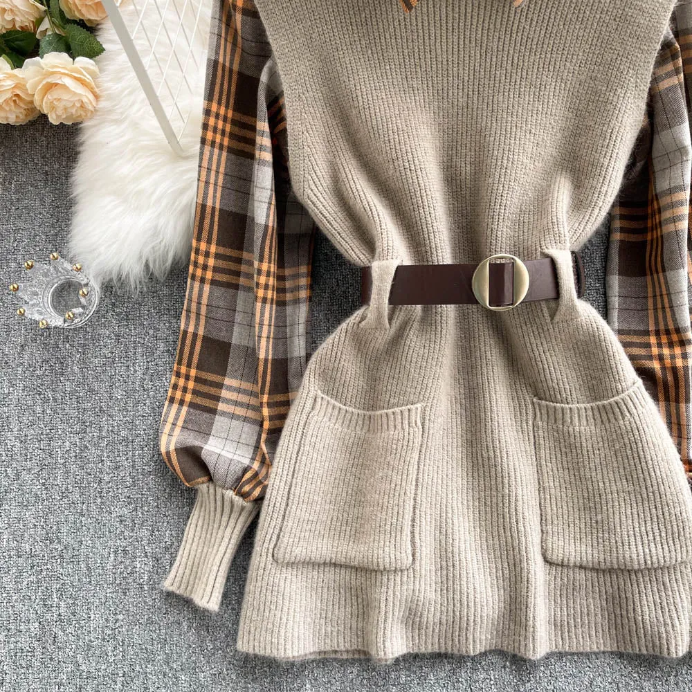 Two-piece Plaid Shirt & Knitted Sweater Vest