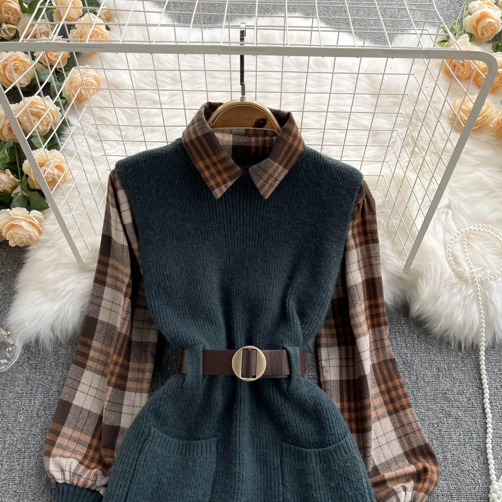 Two-piece Plaid Shirt & Knitted Sweater Vest