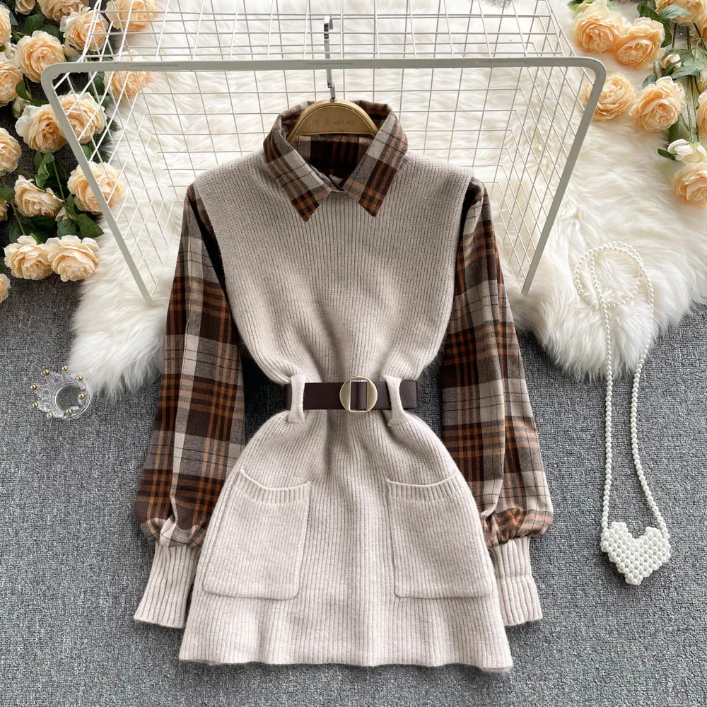 Two-piece Plaid Shirt & Knitted Sweater Vest