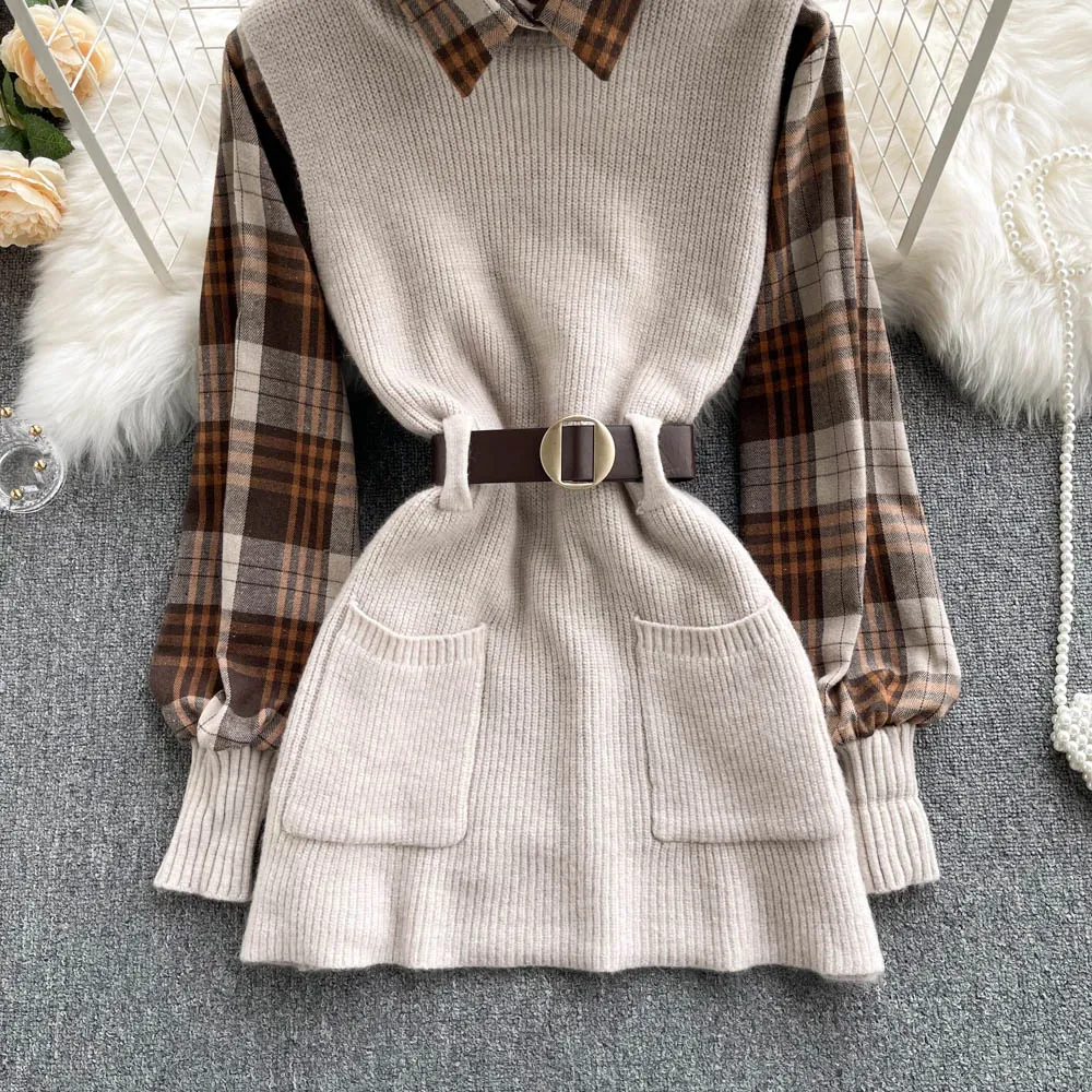 Two-piece Plaid Shirt & Knitted Sweater Vest