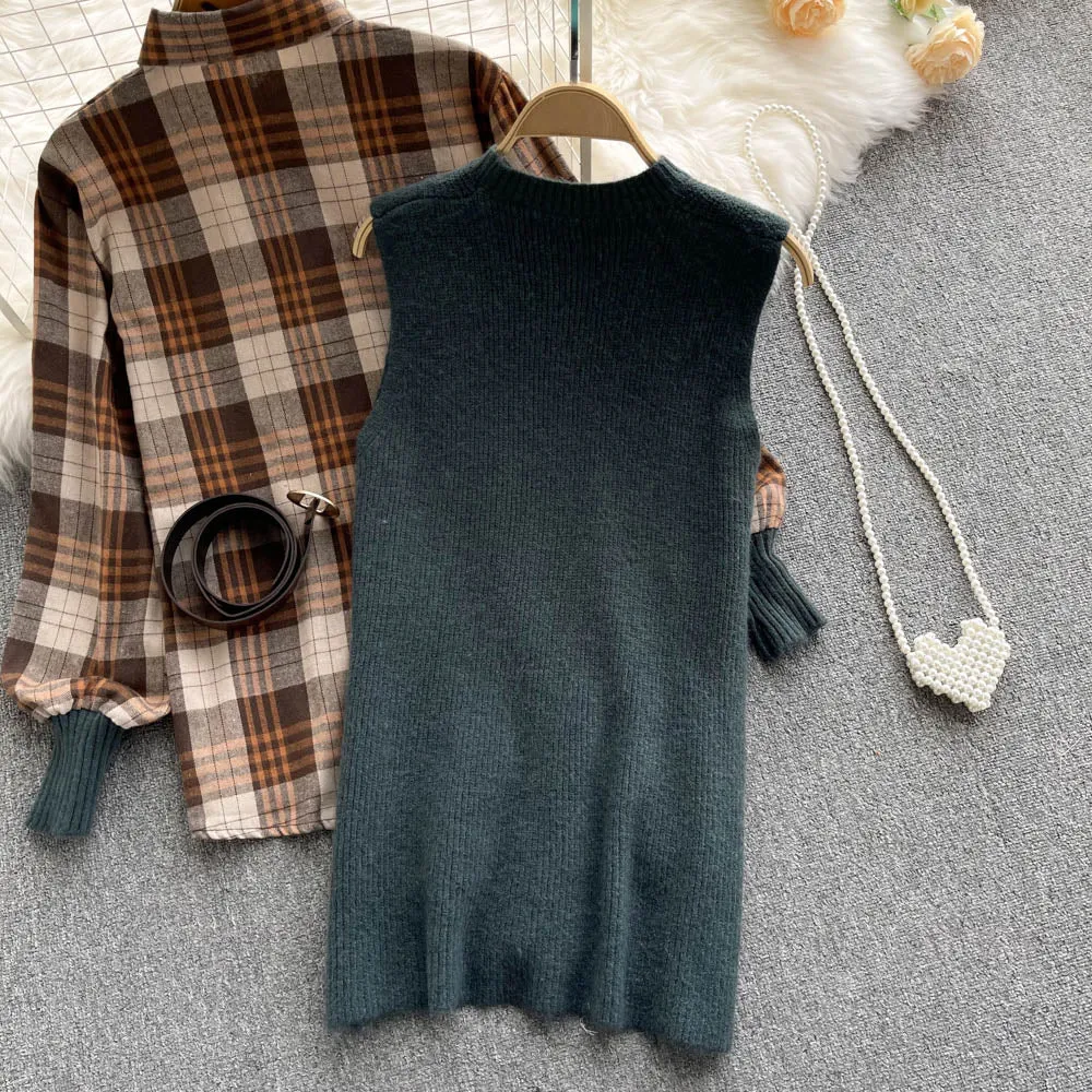 Two-piece Plaid Shirt & Knitted Sweater Vest