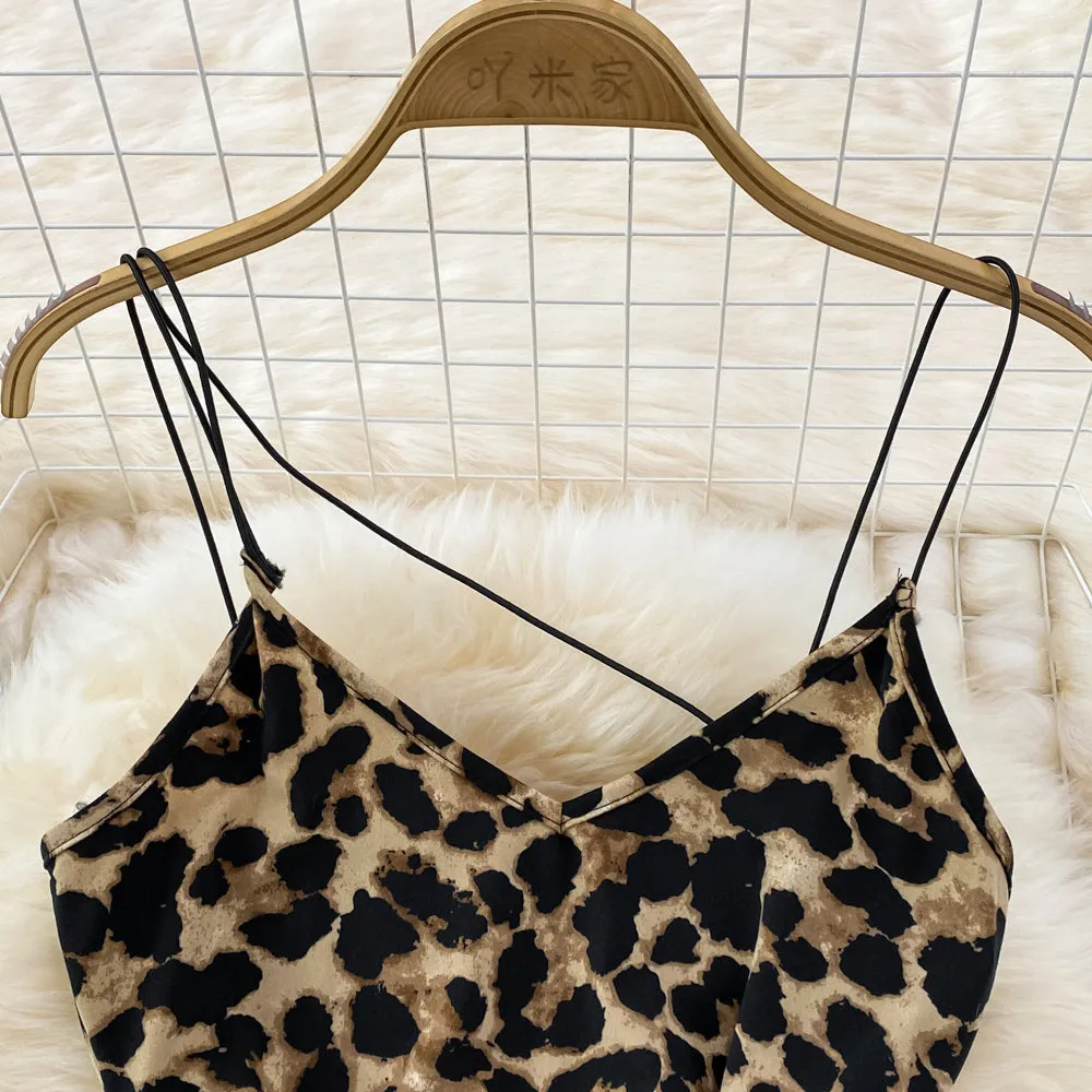 V-neck Leopard Print Slip Dress