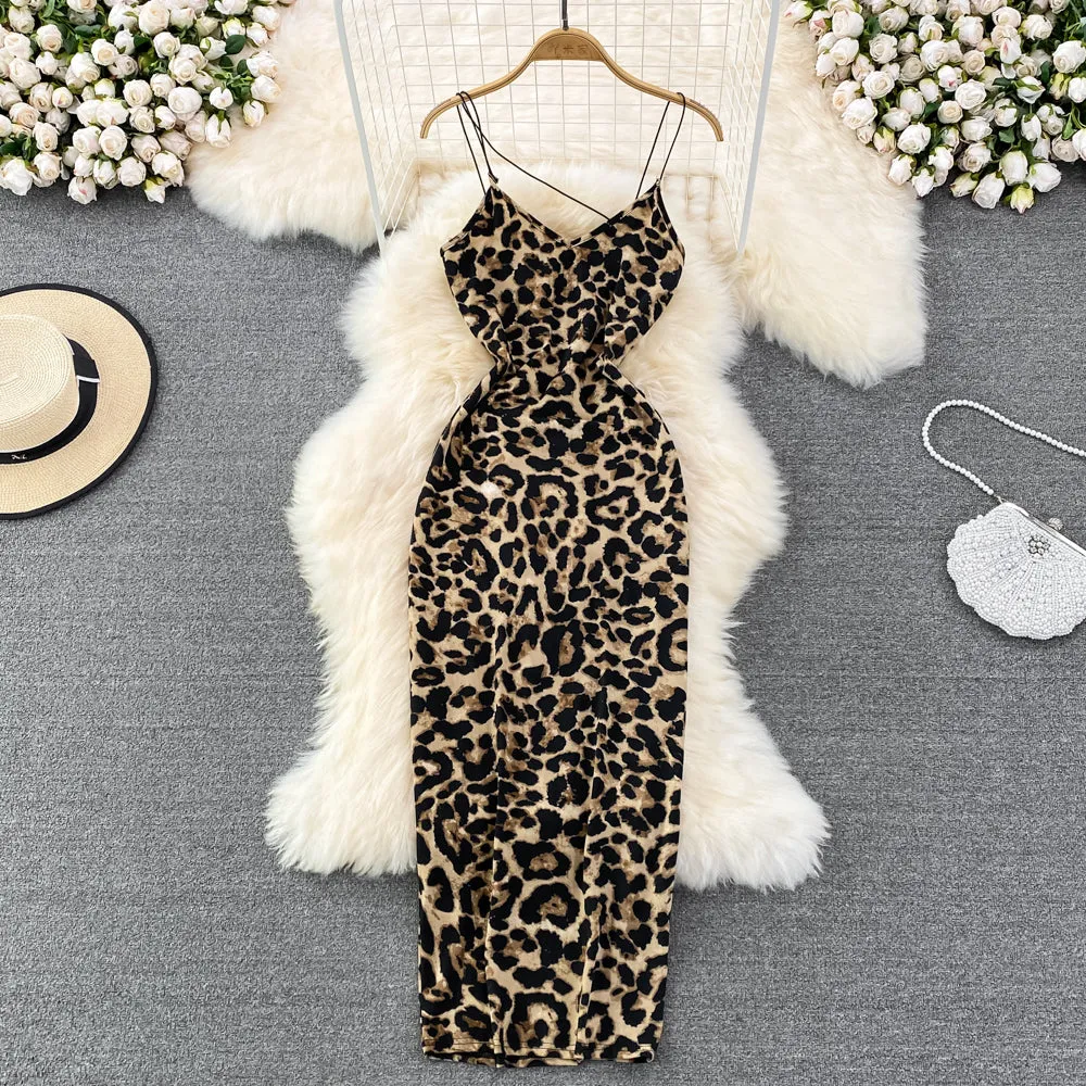 V-neck Leopard Print Slip Dress