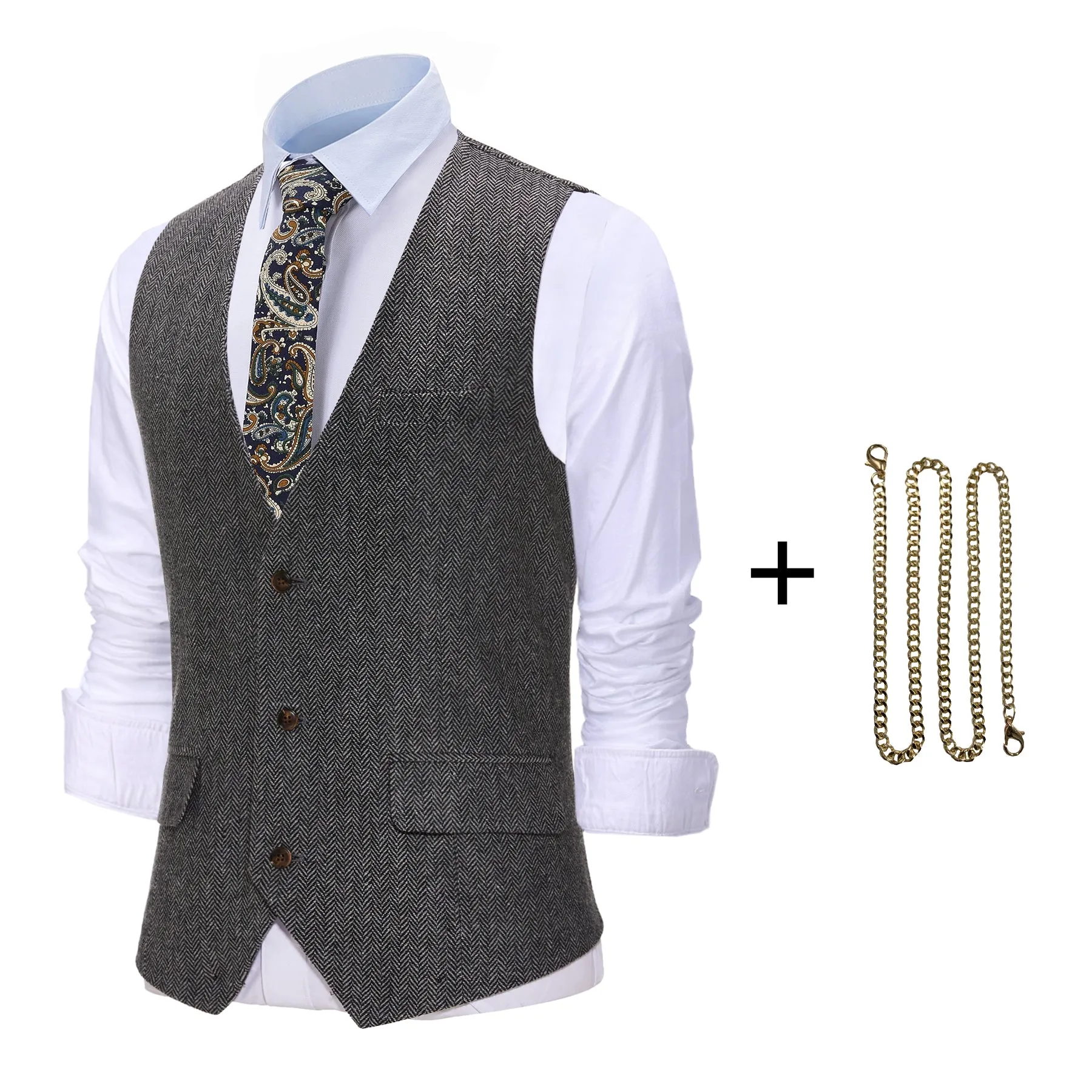 Vintage Classical Men's Slim Fit Herringbone V Neck Waistcoat