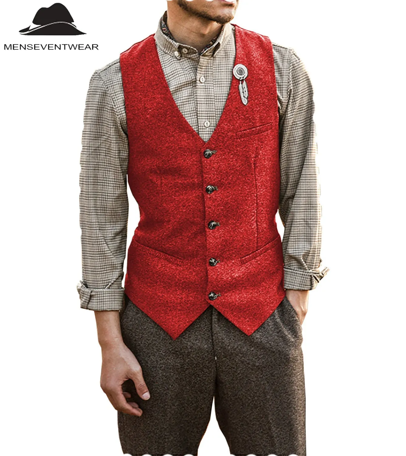 Vintage Classical Mens Slim Fit Tweed Herringbone V Neck Waistcoat