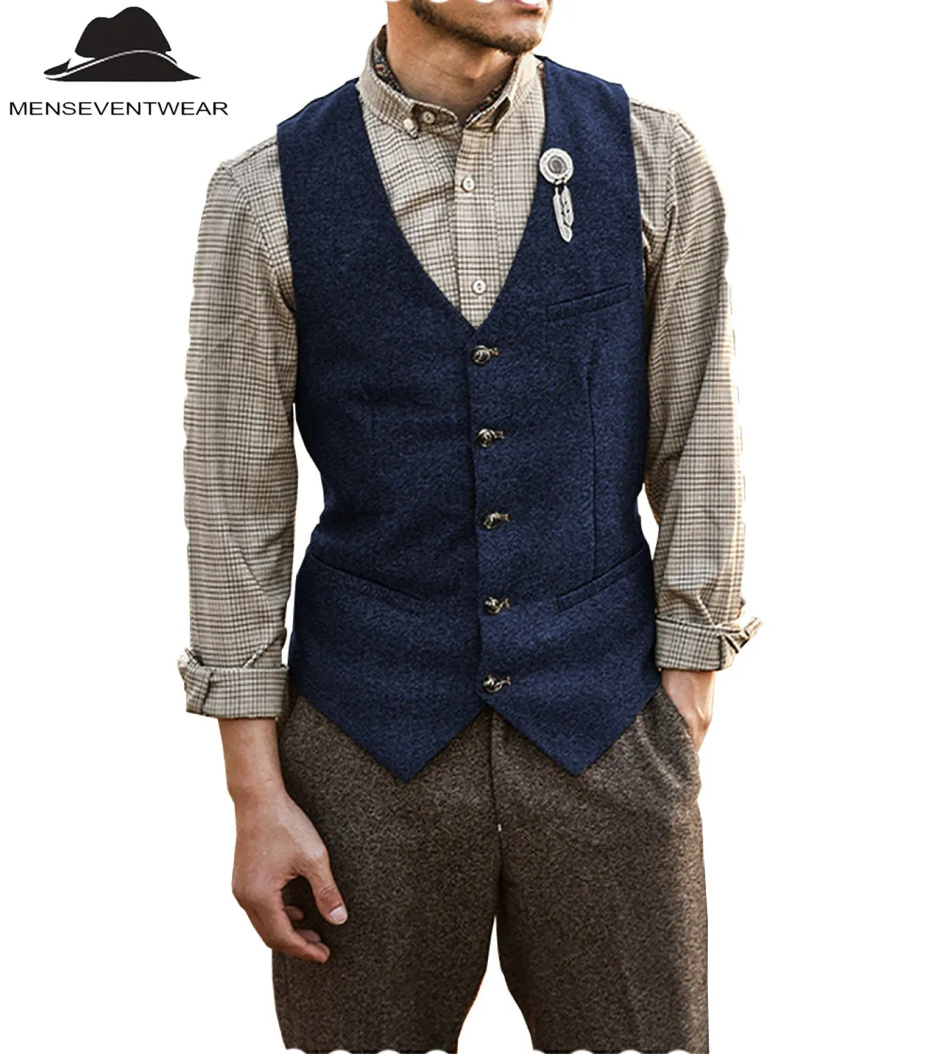 Vintage Classical Mens Slim Fit Tweed Herringbone V Neck Waistcoat