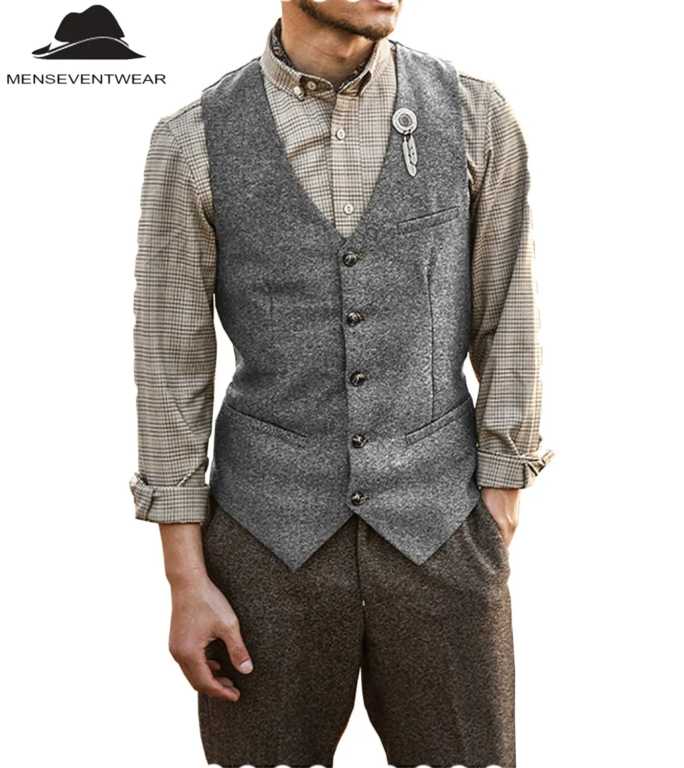 Vintage Classical Mens Slim Fit Tweed Herringbone V Neck Waistcoat