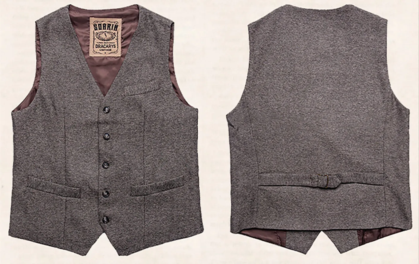 Vintage Classical Mens Slim Fit Tweed Herringbone V Neck Waistcoat