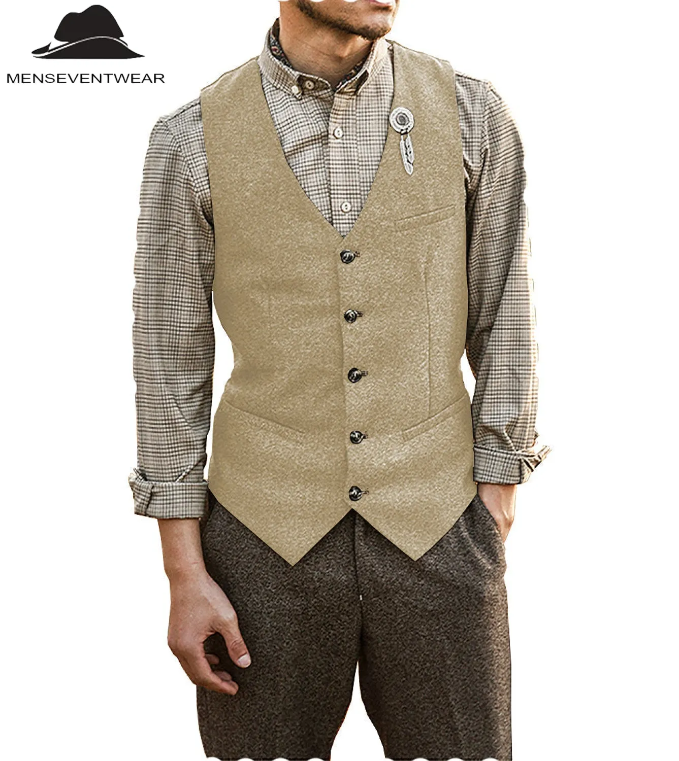 Vintage Classical Mens Slim Fit Tweed Herringbone V Neck Waistcoat