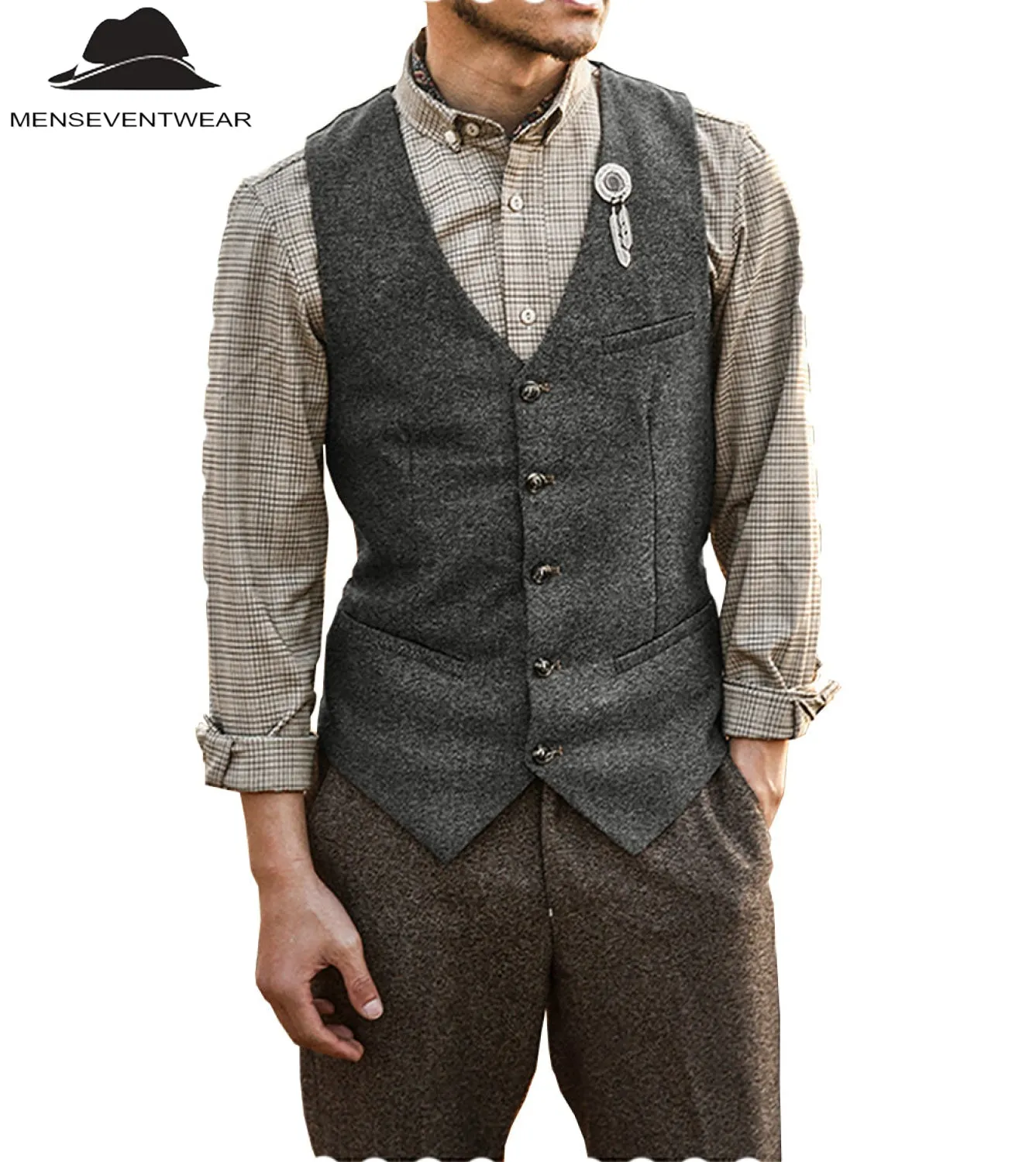 Vintage Classical Mens Slim Fit Tweed Herringbone V Neck Waistcoat