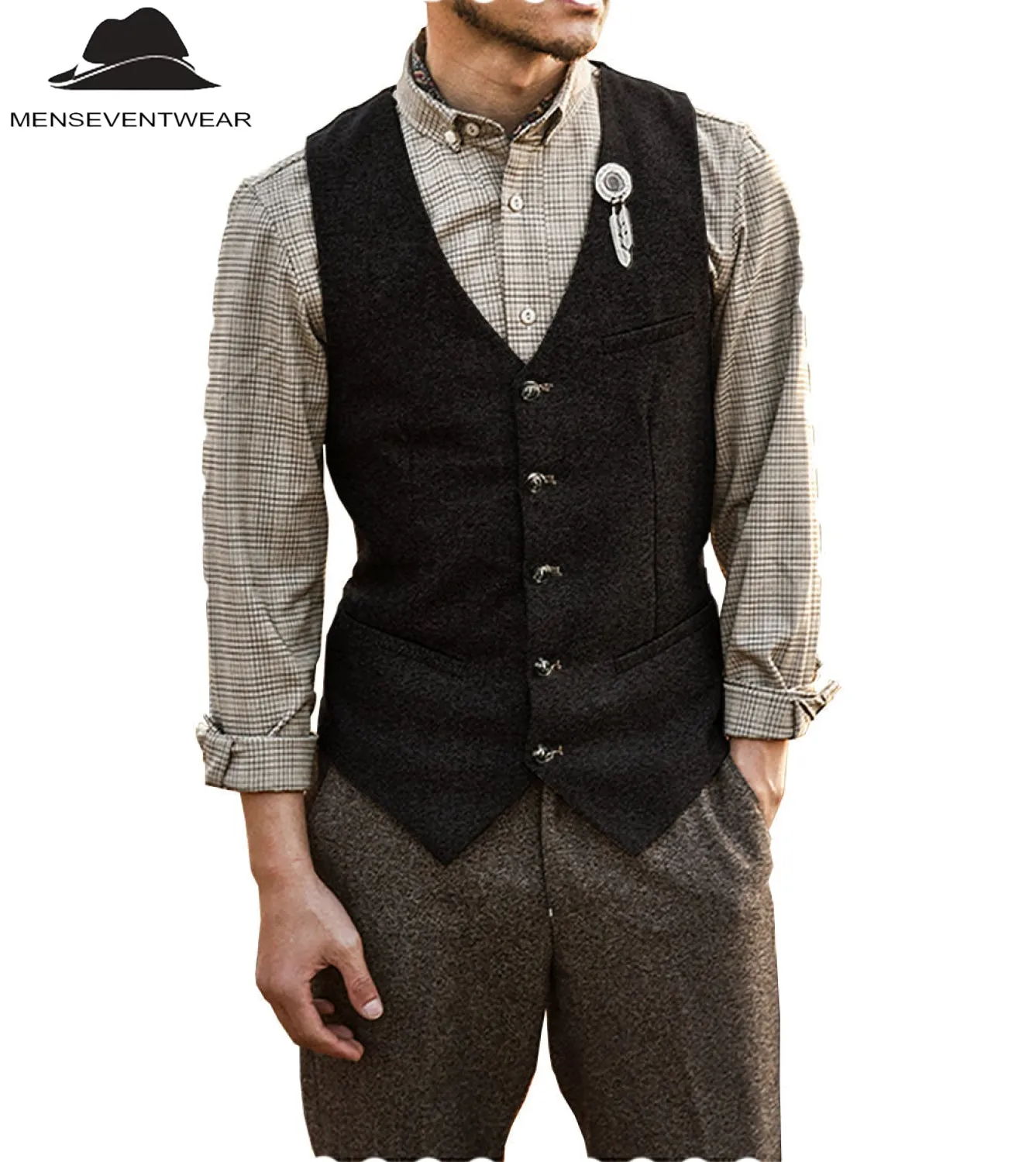 Vintage Classical Mens Slim Fit Tweed Herringbone V Neck Waistcoat