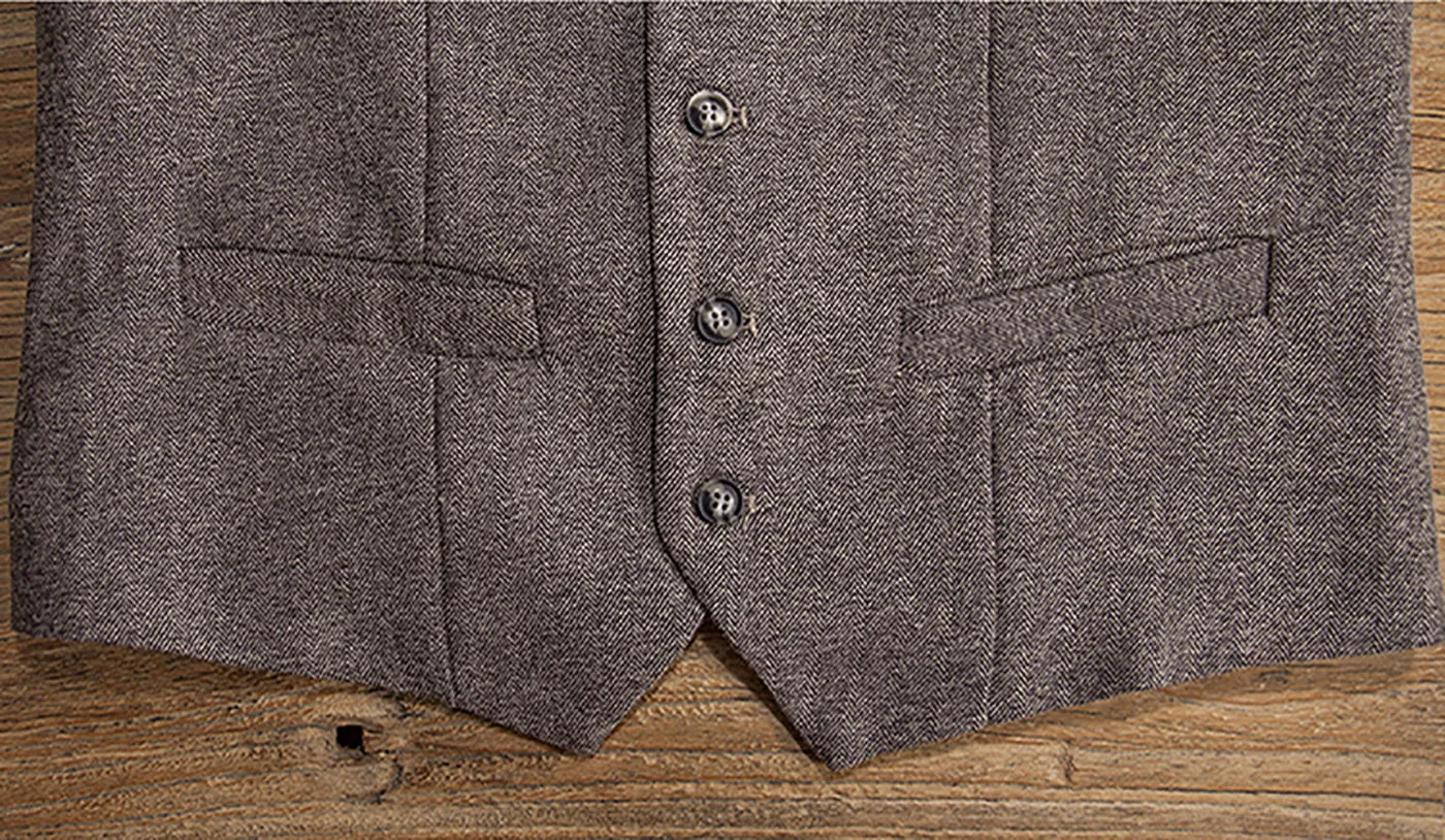 Vintage Classical Mens Slim Fit Tweed Herringbone V Neck Waistcoat