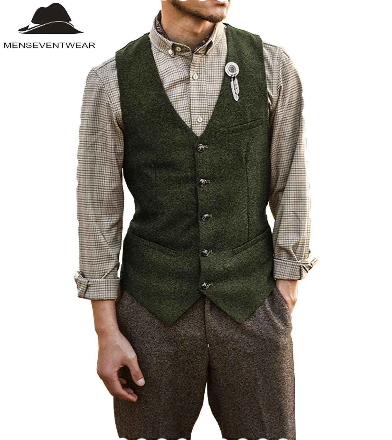 Vintage Classical Mens Slim Fit Tweed Herringbone V Neck Waistcoat