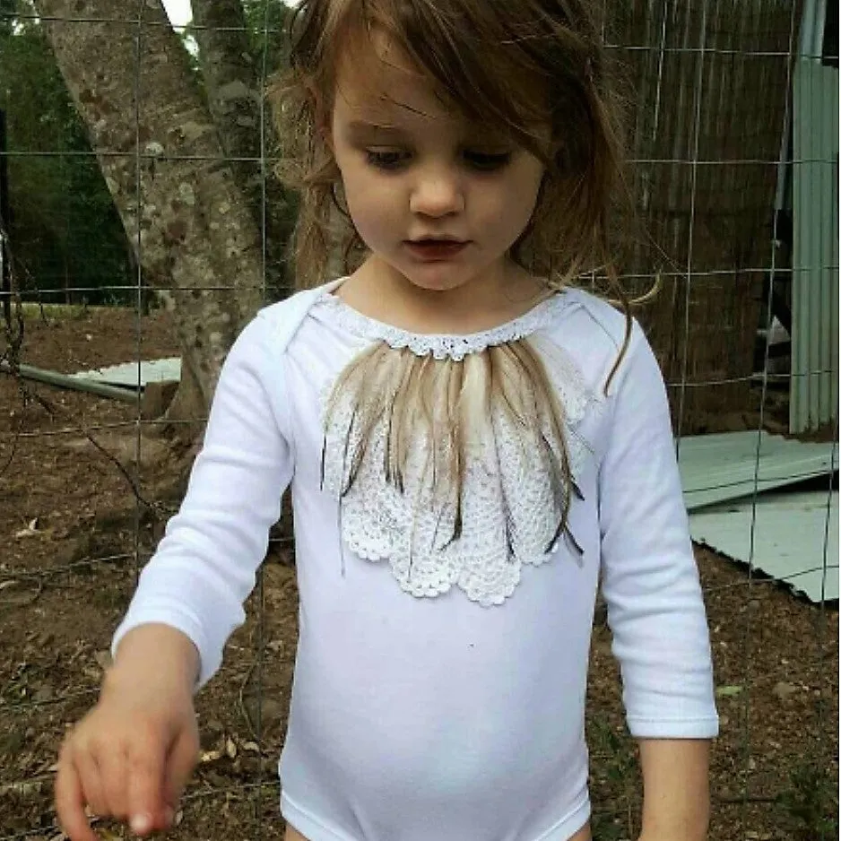 Vintage Crochet Feather Bodysuit - White Long Sleeve