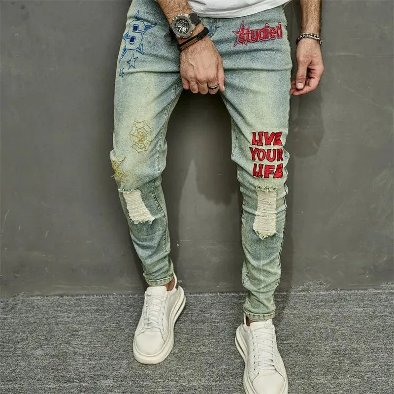 Vintage Men's Stylish Embroidery Ripped Hip Hop Pencil Stretch Denim Jeans