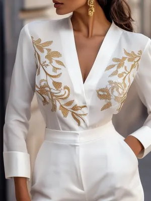 White Embroidered Blouse with Gold Floral Details