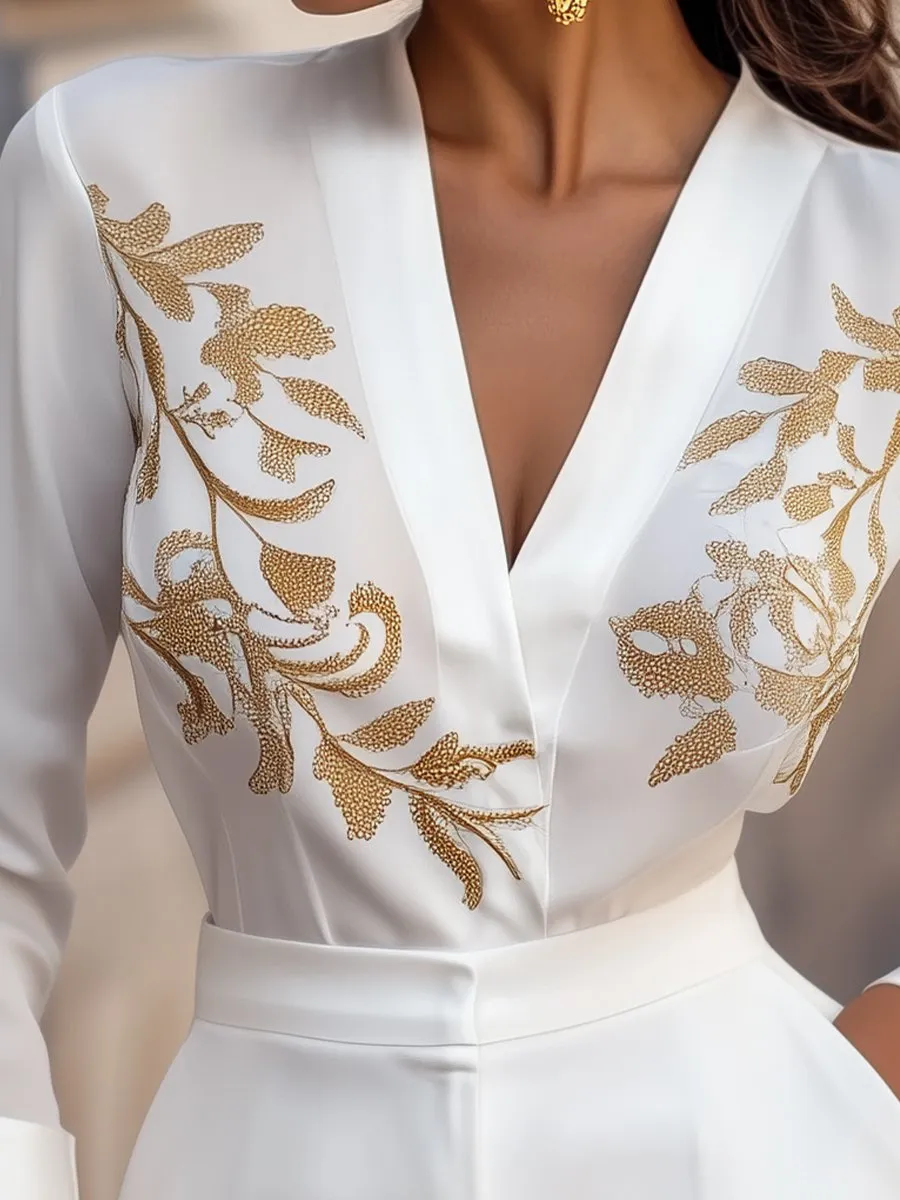 White Embroidered Blouse with Gold Floral Details