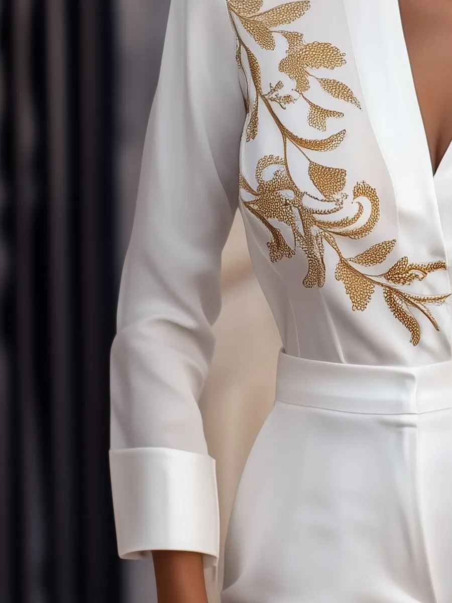 White Embroidered Blouse with Gold Floral Details