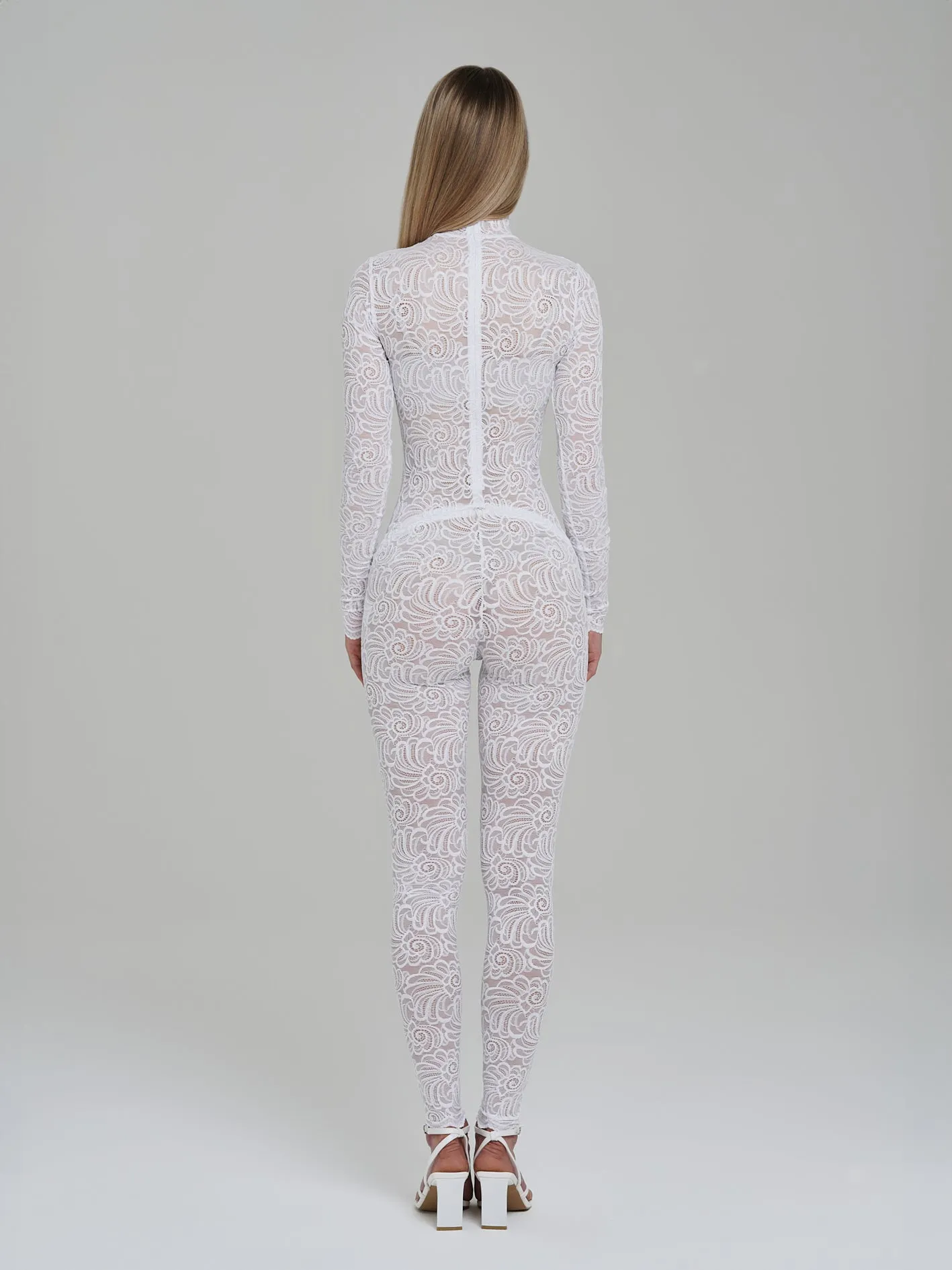 White Floral Lace Sheer Long Sleeve Turtleneck Full Bodysuit