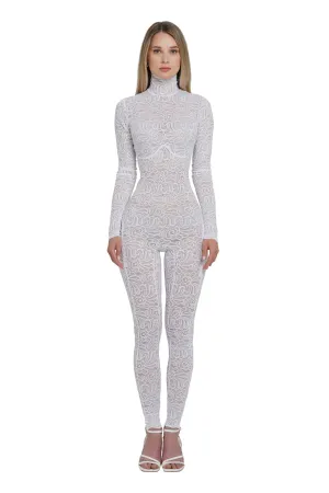 White Floral Lace Sheer Long Sleeve Turtleneck Full Bodysuit