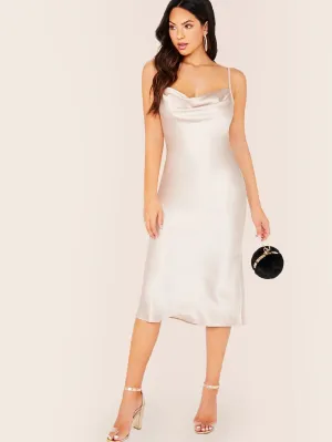 White Sleeveless Cowl Neck Satin Midi Slip Dress