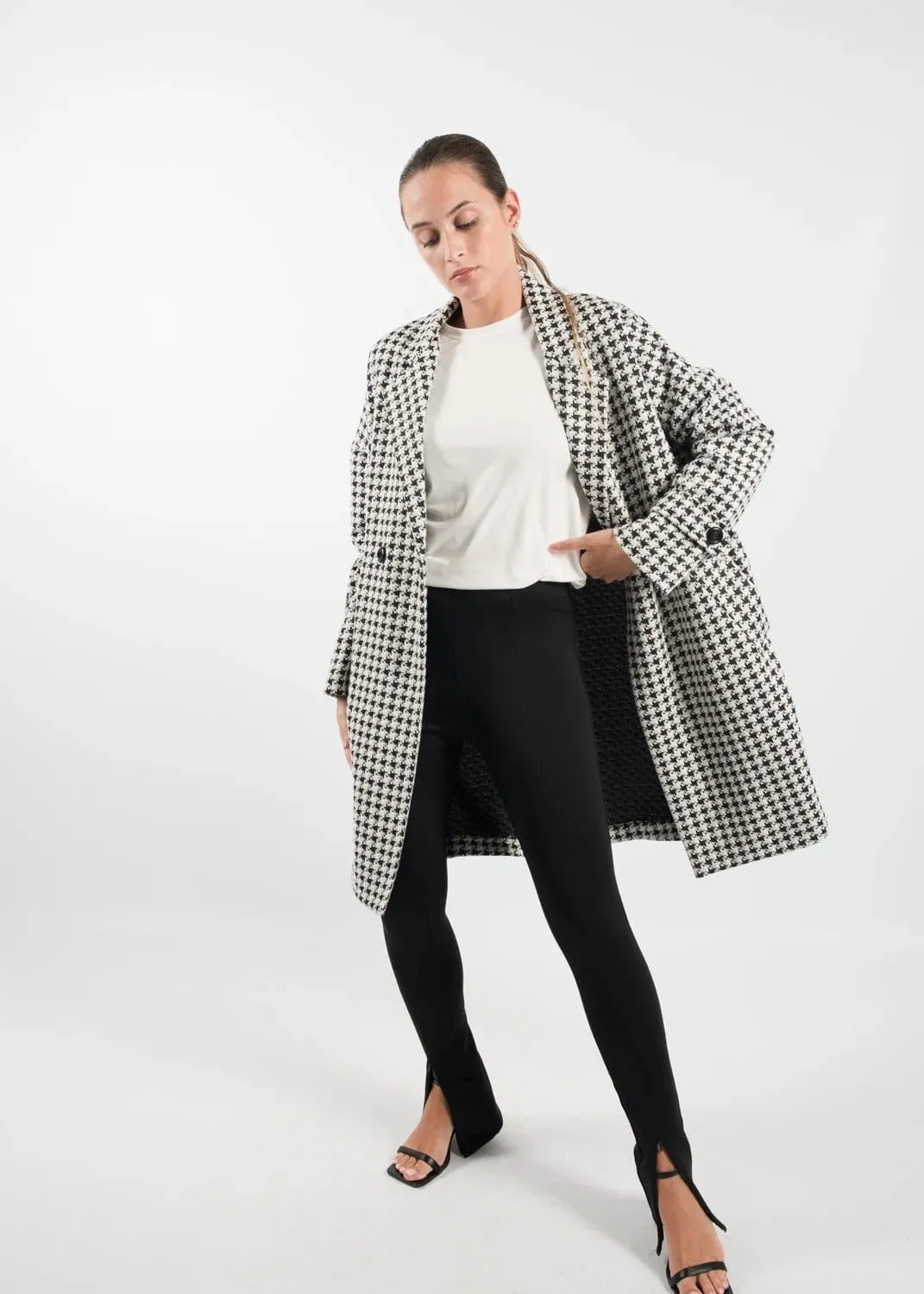 Winter Style Houndstooth Check Coat with Sheen Finish by Linu