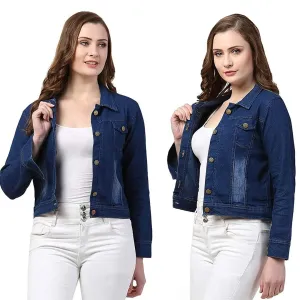 Women Solid Blue Denim Jacket B-9593#