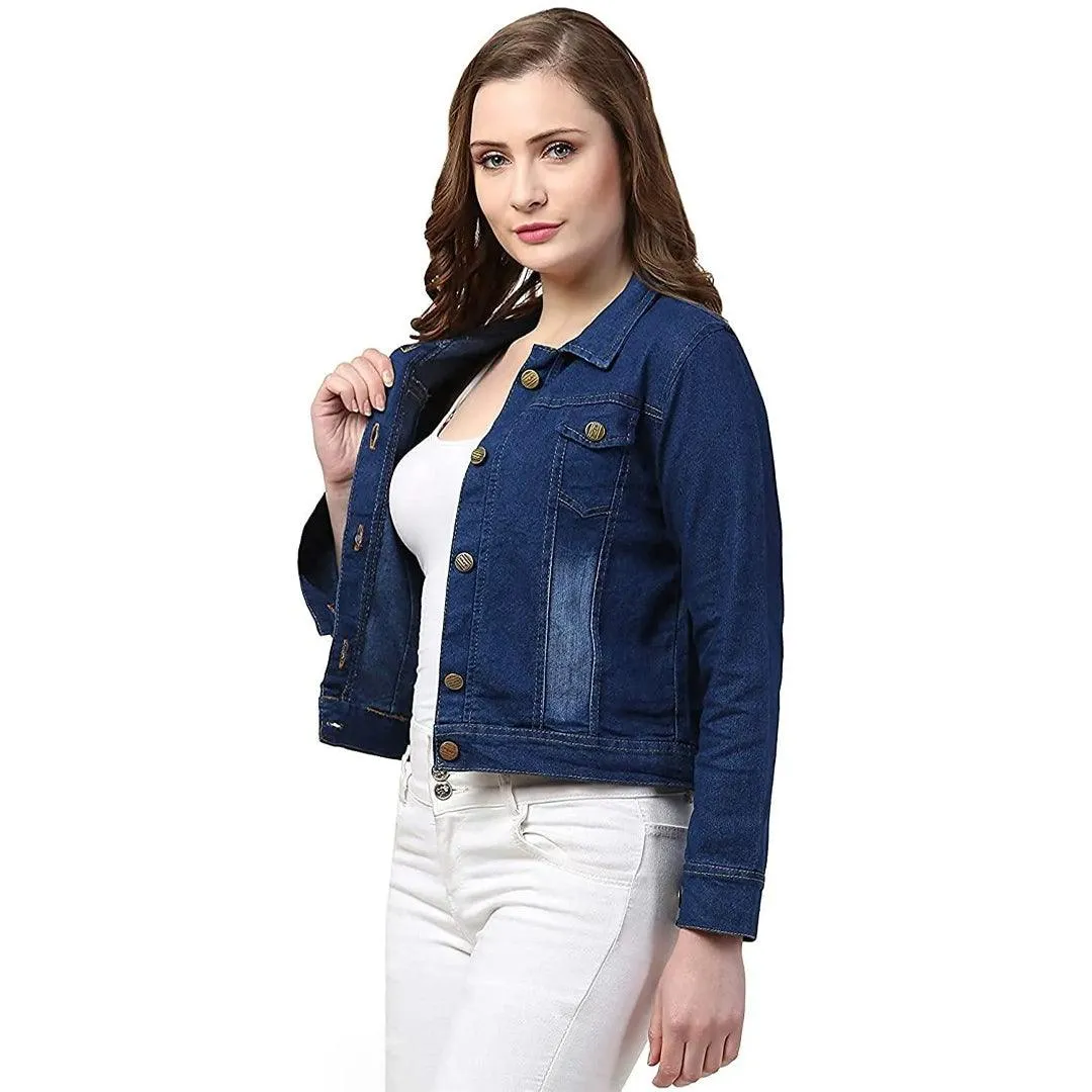 Women Solid Blue Denim Jacket B-9593#