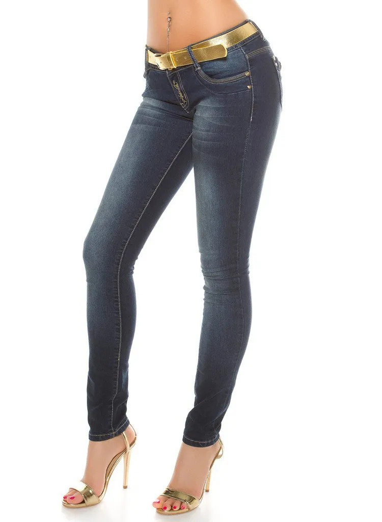 Women's dark blue skinny jeans with gold chain detailing   matching gold Belt.