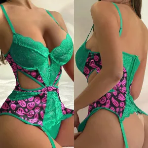 Women's Lace Lingerie Set, Green Emo Print Seductive Teddy Babydoll Bodysuit