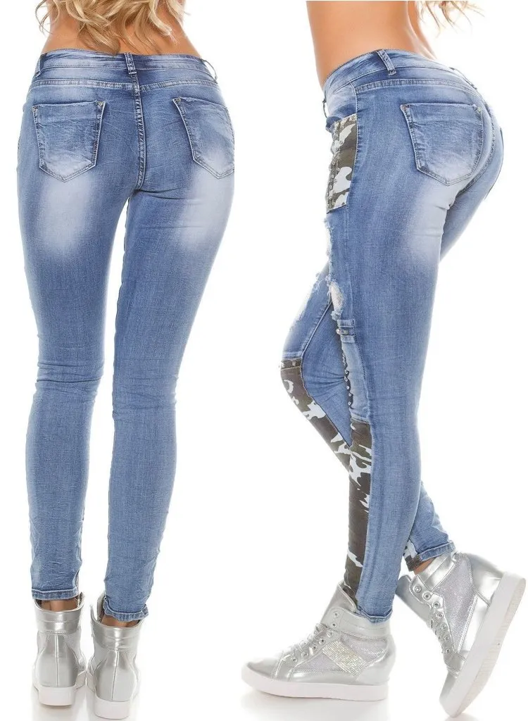 Women's Light blue distressed Skinny Jeans with camouflage trim and silver studs