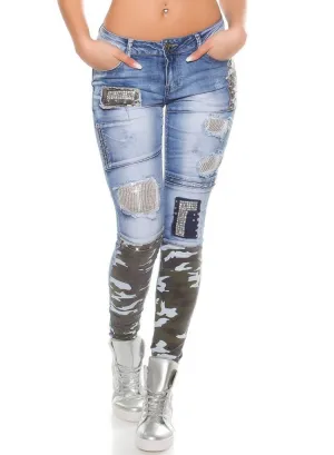 Women's Light blue distressed Skinny Jeans with camouflage trim and silver studs