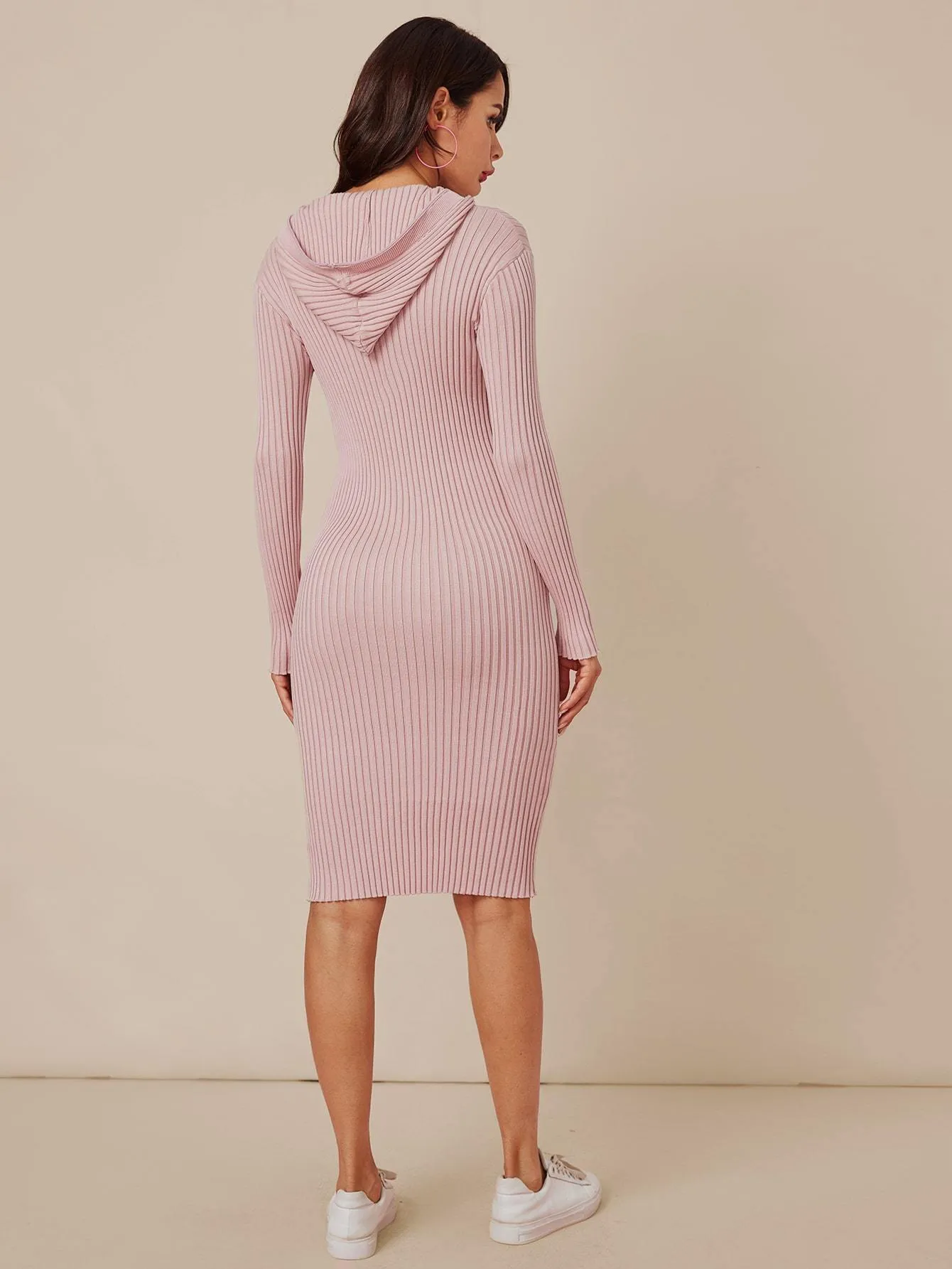 Zip Half Placket Hooded Rib-knit Jumper Dress